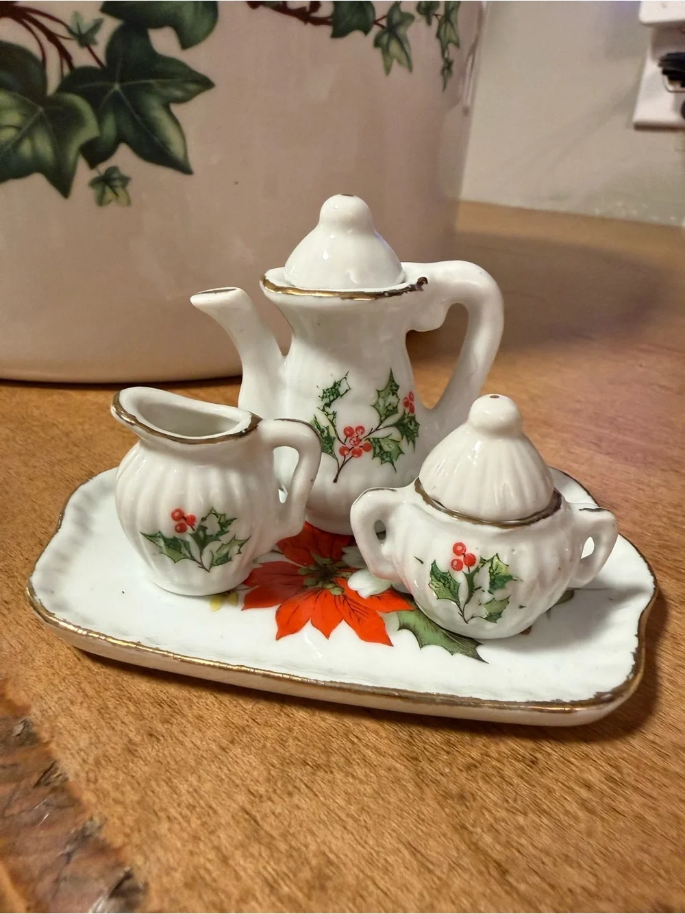 Vintage Christmas Miniature Ceramic Tea Set - White with Holly Motif